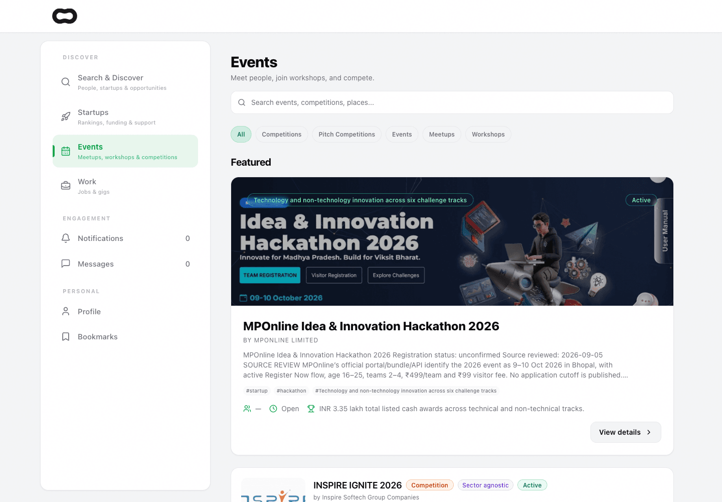 The Ments web app events directory with event cards and filters for competitions, meetups, and workshops