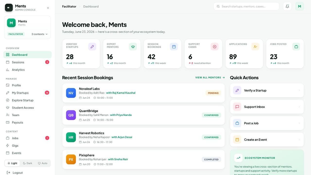 Ments facilitator dashboard showing verified startups, mentors, bookings, applications and quick actions