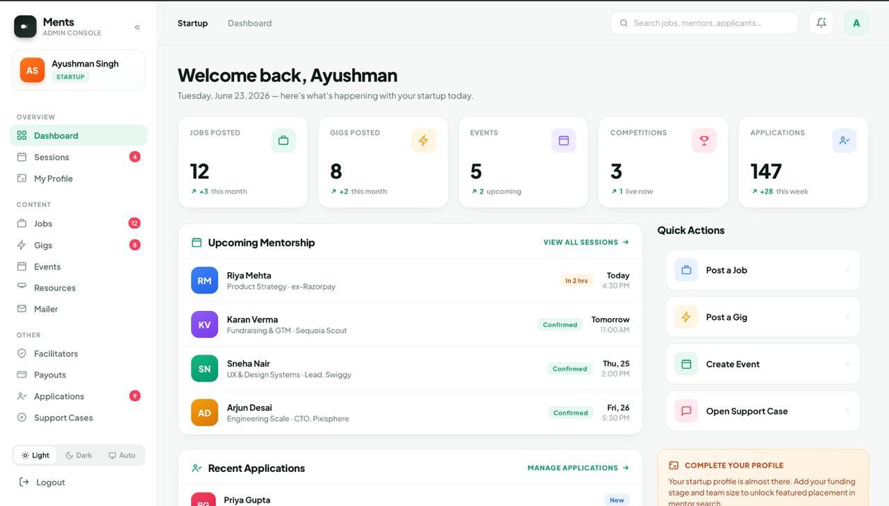 Ments startup dashboard showing jobs, gigs, events, applications, mentorship and quick actions